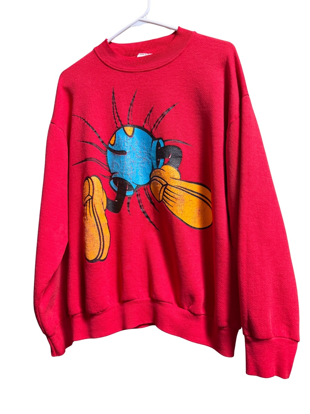 Disney Mickey Mouse Bright Red Crewneck Sweatshirt with Blue & Yellow Graphic